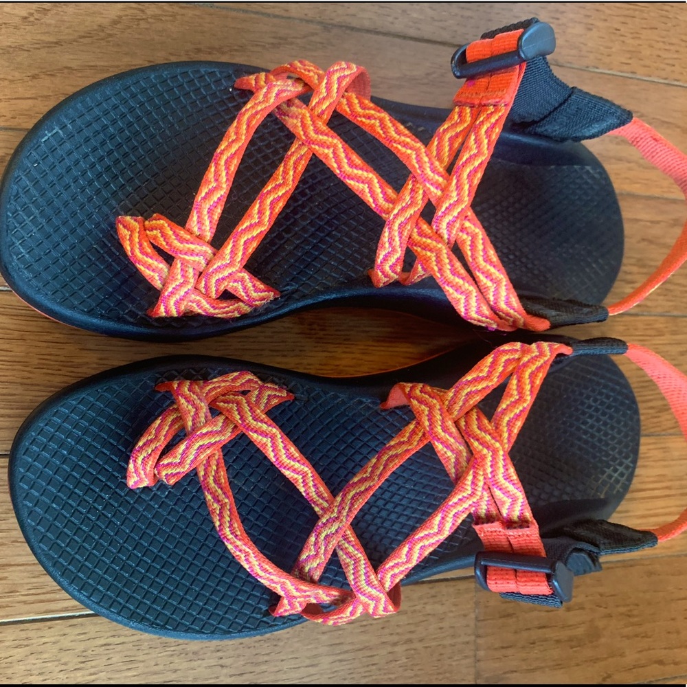 Size 7 Orange/ Pink/ Yellow double strap Chaco sandals
